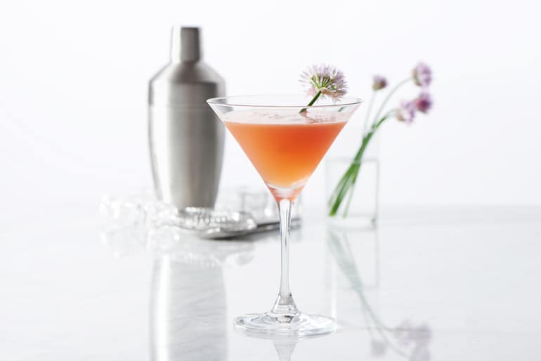 Tomato water gin martini garnished with a flower in a martini glass standing in front of a cocktail shaker