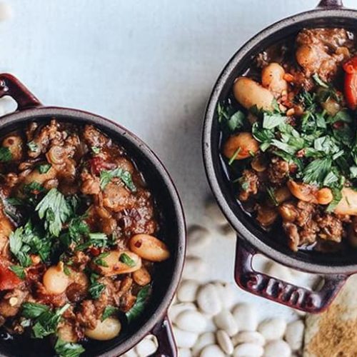 Two pots with lentil lamb chili