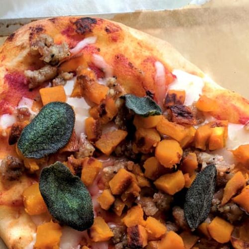 Flatbread topped with Muir Glen Tomato Sauce, butternut squash, sage and turkey sausage.
