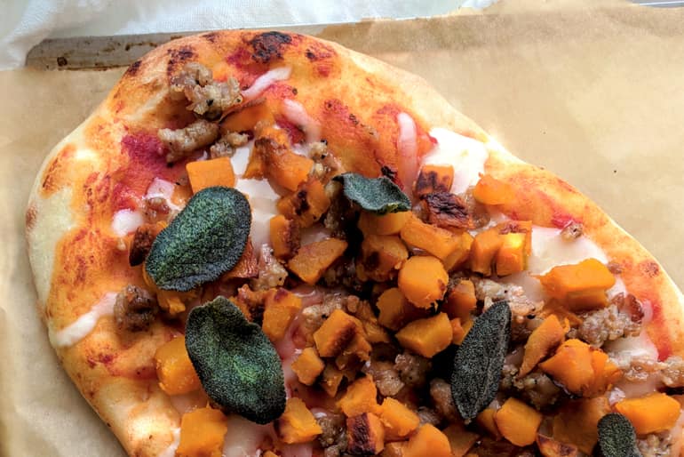 Flatbread topped with Muir Glen Tomato Sauce, butternut squash, sage and turkey sausage.