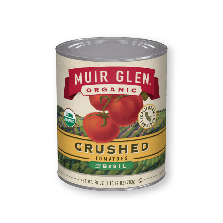 Muir Glen Organic Crushed Tomatoes with Basil, front of product.