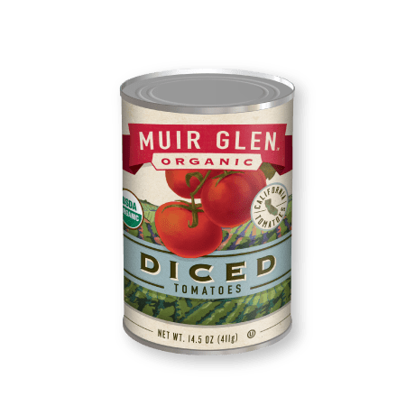 Muir Glen Organic Diced Tomatoes, front of product.