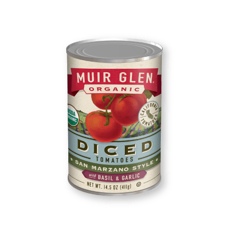 Muir Glen Diced Tomatoes San Marzano Style with Basil & Garlic, front of the product