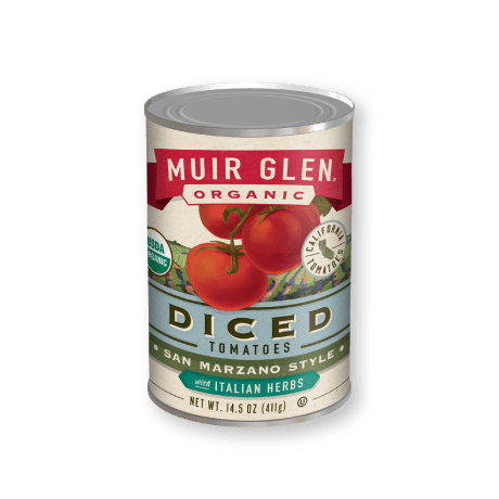Muir Glen Organic Diced Tomatoes San Marzano Style with Italian Herbs, front of product.