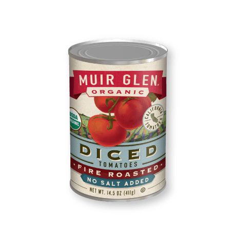 Muir Glen Fire Roasted Diced Tomatoes No Salt Added, front of the product