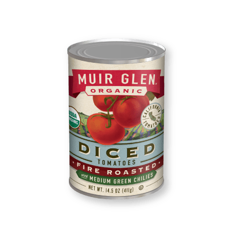 Muir Glen Organic Fire Roasted Diced Tomatoes with Medium Green Chilies, front of product.