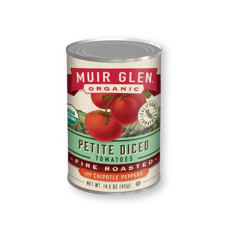 Muir Glen Organic Fire Roasted Petite Diced Tomatoes with Chipotle Peppers, front of product.