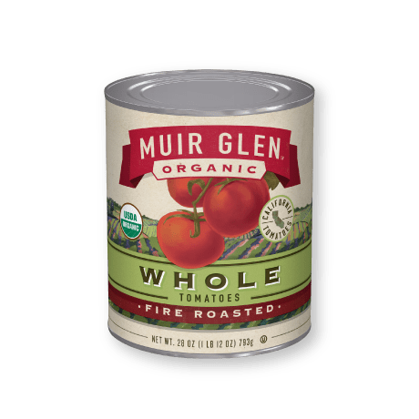 Muir Glen Organic Fire Roasted Whole Tomatoes, front of product.