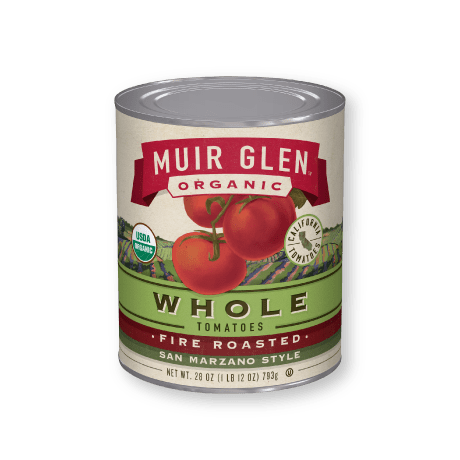Muir Glen Organic Fire Roasted Whole Tomatoes San Marzano Style, front of product.