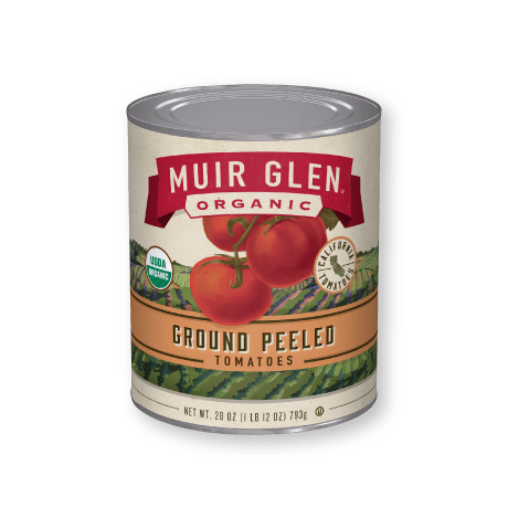 Muir Glen Organic Ground Peeled Tomatoes, front of product.