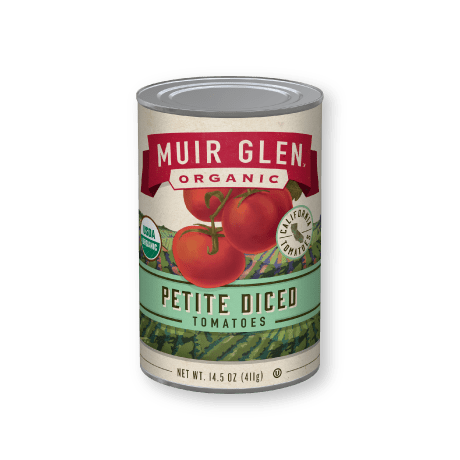 Muir Glen Petite Diced Tomatoes, front of the product