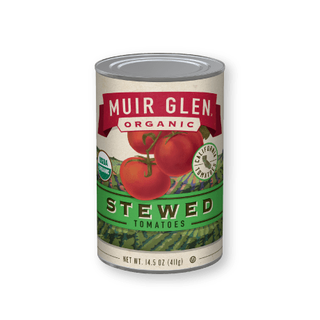 Muir Glen Organic Stewed Tomatoes, front of product.