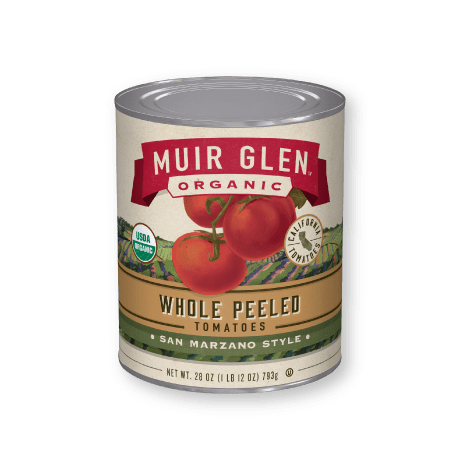 Muir Glen Organic Whole peeled Tomatoes san Marzano Style, front of product.