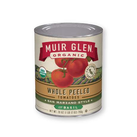 Muir Glen whole peeled tomatoes san marzano style with basil, front of the product