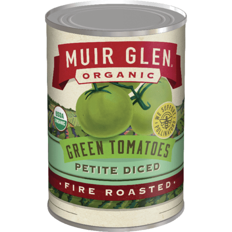 Muir Glen Organic Fire Roasted Petite Diced Green Tomatoes, front of Product.