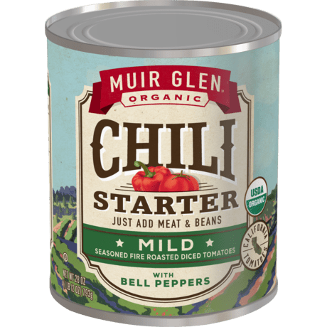 Muir Glen Organic Chili Starter, Mild Seasoned Fire Roasted Diced Tomatoes with Bell Peppers, front of product.