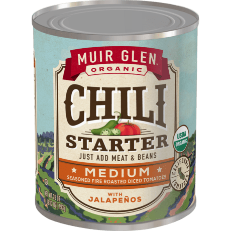 Muir Glen Organic Chili Starter, Medium Seasoned Fire Roasted Diced Tomatoes with Jalapeño, front of product.