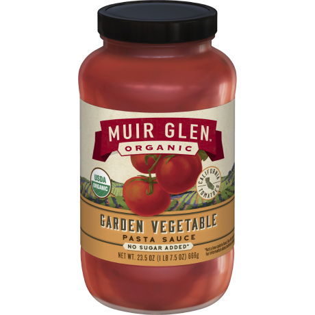 Muir Glen Organic Garden Vegetable Pasta Sauce, front of product.